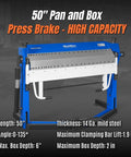 50 Inch Foot Clamp Pan And Box Brake For Sheet Metal Folding, heavy duty industrial metal bender with 0-135 degree bend angle