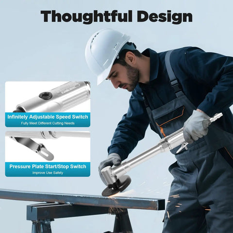 Tough As Nails Pneumatic Angle Grinder With 12 Inch Extended Handle For Heavy Duty Cutting And Sanding 18000 Rpm in use on metal.