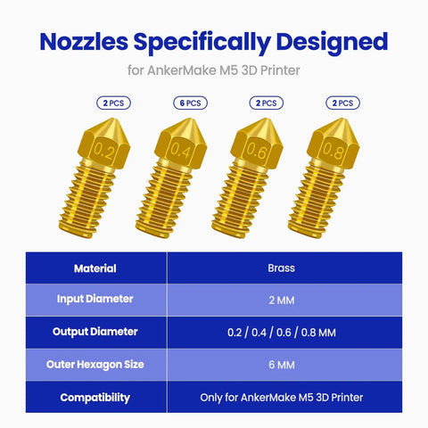 Top Tier Brass Nozzle Replacement Kit For AnkerMake M5 And M5C 3D Printers showing various sizes: 0.2, 0.4, 0.6, 0.8mm brass nozzles.