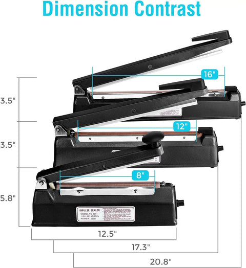 Reliable 8 Inch Bag Sealer With Impulse Heat Function For Plastic Packaging And Kitchen Storage Easy Press Tabletop Food Closer dimensions displayed with three sizes.