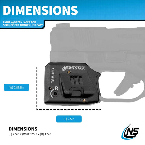 Dimensions of 150 Lumen Rechargeable Tactical Light With Green Laser Sight For Springfield Hellcat Pistols IPX4 shown on diagram