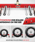 Heavy Duty Tire Wheel Dolly Adjustable Steel Roller Cart With Rock Solid 330 Lb Load Capacity Built To Make Shop Floor Moves Flawless And Zero Sweat For Any Gearhead Worth His Salt showing adjustable rollers for various tire sizes.