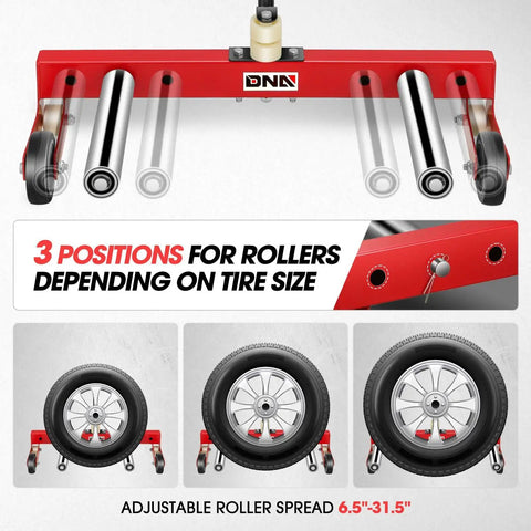 Heavy Duty Tire Wheel Dolly Adjustable Steel Roller Cart With Rock Solid 330 Lb Load Capacity Built To Make Shop Floor Moves Flawless And Zero Sweat For Any Gearhead Worth His Salt showing adjustable rollers for various tire sizes.