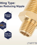 Brass Pipe Hex Reducing Nipple Fitting 1/2 Inch to 1/4 Inch Male NPT for Plumbing and HVAC, heavy duty brass construction