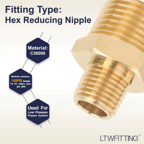 Brass Pipe Hex Reducing Nipple Fitting 1/2 Inch to 1/4 Inch Male NPT for Plumbing and HVAC, heavy duty brass construction
