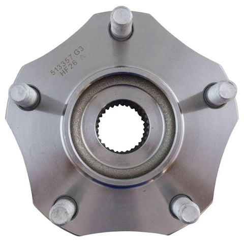 Heavy Duty Four Piece Wheel Hub And Bearing Assembly Kit Front And Rear Seamless Swap For Nissan Rogue 2.5L And 2.0L Years 2014 To 2019 Includes BHA58440 close-up of bearing hub with five bolts.