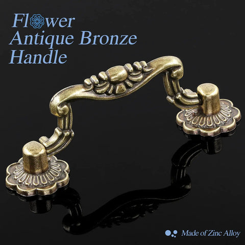Top Shelf Antique Bronze Drop Bail Cabinet Hardware 3 Inch Centers Kitchen Drawer Pulls with flower design, zinc alloy material.