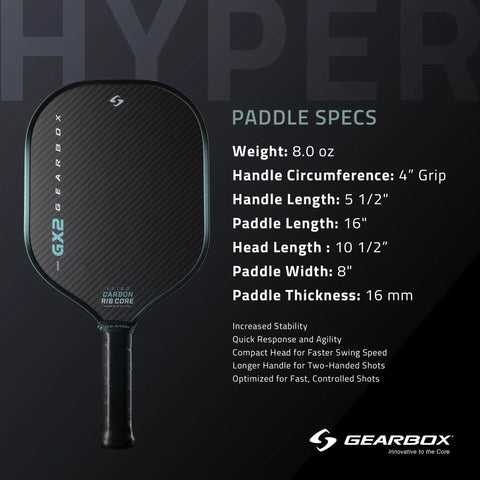 GX2 Hyper Pickleball Paddle With Aerodynamic Hyper Shape and SST 2.0 Carbon Core specifications and design.