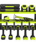 Power Tool Organizer With Five Drill Holders And Wall Mount Shelf Keep Your Garage Fresh With Cordless Drill Charging Station Premium Storage And Organization 5 Drill Shelf For Home Workshop Heavy Duty Green featuring drills and tools