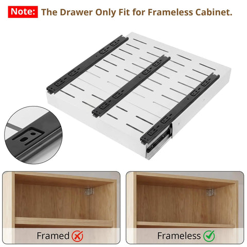 Two Pack Slide Out Cabinet Organizers With Adjustable Width And Depth For Kitchen Storage Smooth Glide Drawer designed for frameless cabinets.