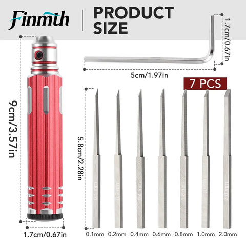 Premium Tungsten Steel Model Scriber Plus Dang Sharp Precision Hobby Cutting Chisel Featuring Solid Aluminum Grip Handle For Slick Panel Lining On Scale Builds with 7 blades and red grip.