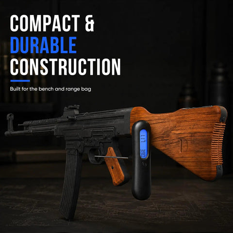 Dead On Digital Trigger Pull Scale With Hook Gauge Top Shelf Peak Mode Tension Force Meter measuring trigger tension on rifle.