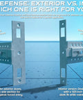 Heavy Duty Steel Door Defense Lock And Tough As Nails Kickproof Security Brace for Home Reinforcement, displaying exterior and interior versions.