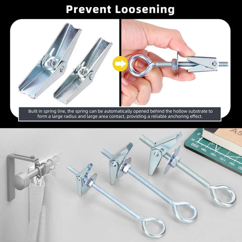 18Pcs M4 M5 M6 Eye Bolt Toggle Bolts Assortment Kit With Eye Hooks For Drywall And Concrete Ideal For Hanging Lamps And Heavy Items Includes 8 M4 x75mm 6 M5 x75mm 4 M6 x70mm Toggle Bolts And Durable Butterfly Anchors shown with components and installation example