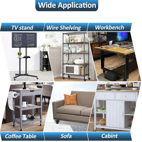 Image showing wide application of Heavy Duty 3 Inch Swivel Caster Wheels with different furniture including TV stand, wire shelving, and more.