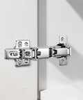 Slick Heavy Duty 175 Degree Soft Close Frameless Cabinet Door Hinges installed on cabinet, showing nickel plated steel design.