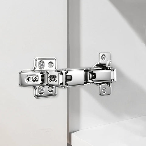 Slick Heavy Duty 175 Degree Soft Close Frameless Cabinet Door Hinges installed on cabinet, showing nickel plated steel design.