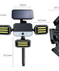 Dimensions and design of Solar Powered Outdoor Flood Light With Motion Sensor, 3 Head Wall Lights, Waterproof Patio Lighting.