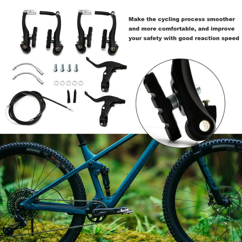All In One Bike Brake Set With Calipers, Levers, Cables, Black Handlebars, V Brake Kit on Mountain Bike, Easy Install