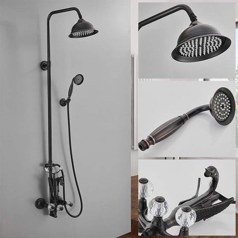 Modern Wall Mounted Shower System With Large Rainfall Shower Head And Ergonomic Handheld Sprayer Matte Black Bathroom Faucet Set with handheld sprayer and rainfall head.