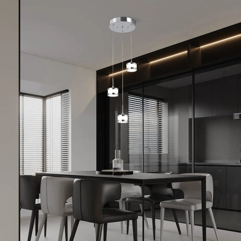 Led Dimmable Three Light Pendant Fixture With Dope Chrome Finish, Modern Chandelier Style Hanging Light over kitchen table