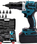 Cordless Electric Rivet Nut Gun Set With 5.2Ah Battery in a carrying case, showing tool and multiple nozzles for heavy duty use.
