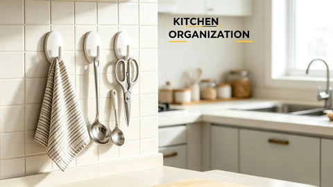 Heavy Duty Adhesive Wall Hooks Three Pack No Drill Waterproof Sticky Hangers Super Strong Grip Hang Your Items Hassle Free Quick Peel Setup For Bathroom Kitchen And Home White hang kitchen items like towels and scissors