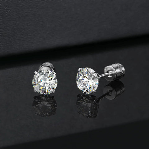 Fresh Hypoallergenic Titanium Stud Earrings With Secure Screwback Cap For Sensitive Ears Silver Tone Cubic Zirconia Stone, 6mm