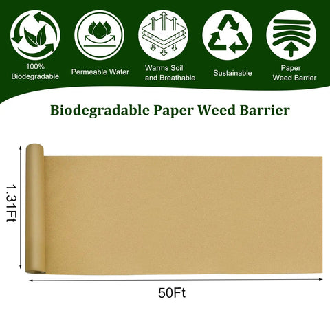 Heavy Duty Biodegradable Paper Weed Barrier Roll 1.31x50 Ft For Lawn And Garden, landscape fabric mulch with icons above