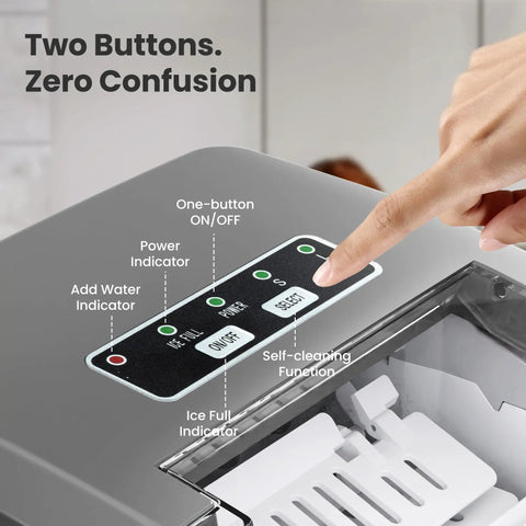 Portable Countertop Ice Maker With Handle Delivers 9 Bullet Shaped Ice Cubes In About 6 Minutes 26 Lbs Per Day Self Cleaning Function Includes Ice Scoop And Basket For Home Kitchen Party Ready Grey control panel with buttons and indicators