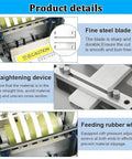 Heavy Duty Auto Tube Cutter Chops Heat Shrink And Plastic Sleeves With Crisp 0.1mm Precision Using Foolproof Cold Cut Tech detail showing fine steel blade and feeding rubber wheel.