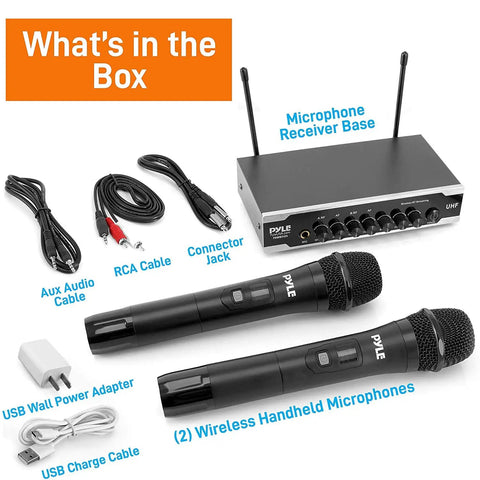 Portable UHF Wireless Microphone System With Battery Power, Dual Handheld Mics, Receiver Base, Aux And RCA Outputs For PA Karaoke DJ Parties
