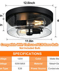 Two Light Black Flush Mount Ceiling Light Fixture With Seeded Glass Shade, Industrial Farmhouse Style specifications image