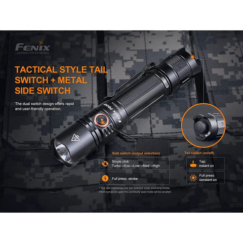 PD35 V3.0 1700 Lumen Tactical Flashlight Bundle with side switch and metal tail switch on camouflage background