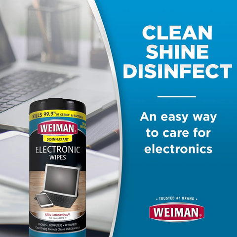 Weiman Electronic Wipes canister (front view) with black lid beside laptop and tablet on desk; 30-count.