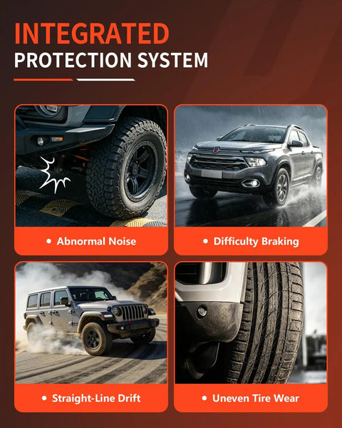 Integrated protection system showing abnormal noise, difficulty braking, straight-line drift, and uneven tire wear.