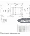 Technical drawing of Beefed Up High Torque Planetary Gearbox 50 To 1 Speed Reducer, showing dimensions and shaft sizes.