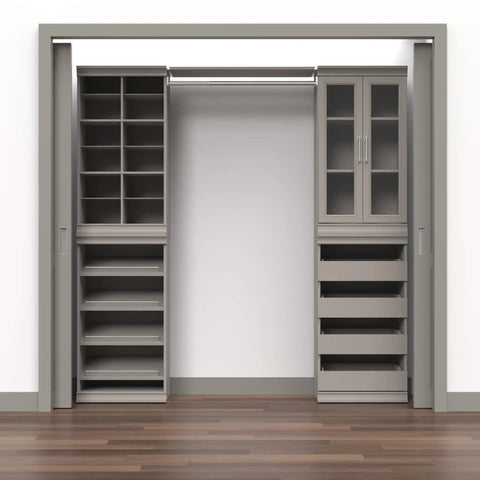 Total Game Changer Modular Closet Organizer With Four Adjustable Angled Shoe Shelves And Slick Taupe Finish For Seamless Stacked Storage Setup Hardware Included in a spacious closet layout.
