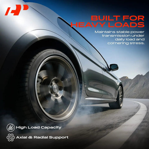 Pair Of Front Wheel Bearing And Hub Assemblies For Nissan Versa 2007 2012 4 Lug Abs Ready Heavy Duty Replacement Units image showing a car wheel in motion on a curved road.