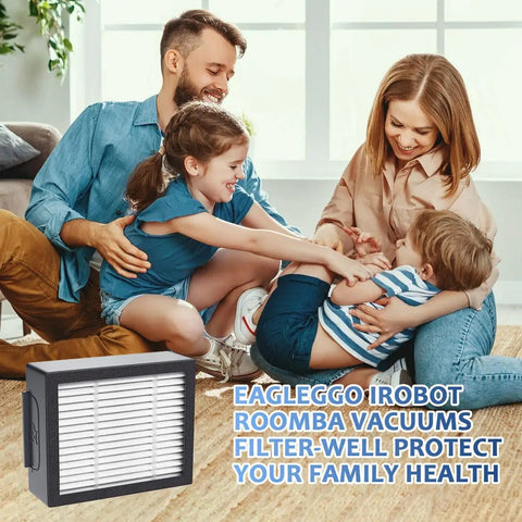 Family playing on floor with Replacement High Efficiency Filter 4639161 for Roomba E I J series vacuum cleaners, 3-pack shown.