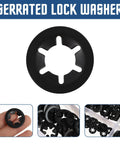 Internal Tooth Serrated Lock Washers Kit, 280 Pieces, shown with individual and grouped black washers for industrial use.