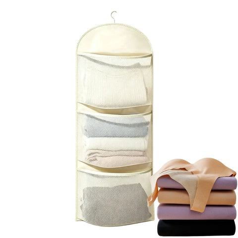 Real Game Changer Three Tier Hanging Closet Organizer With Breathable Mesh Storage Rack For Socks Underwear And Bras Multi Compartment Wardrobe Divider Hassle Free, displaying three breathable mesh compartments.