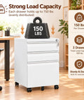 Built Tough As Nails Three Drawer Rolling Tool Chest With Swivel Wheels And Heavy Duty Locks Slick White Steel Shop Organizer on floor with weight.
