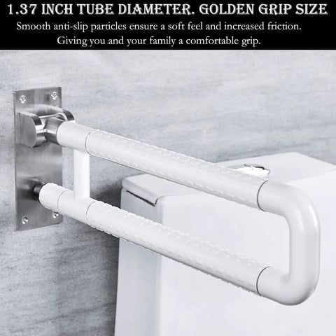 Built Tough Twenty Eight Inch Flip Up Toilet Grab Bar With Rock Solid Stainless Core And No Slip Abs Handle For Wall Mount Bathroom Setup Easy Secure Install For Seniors Or Post Surgery Recovery White, featuring anti-slip grip.