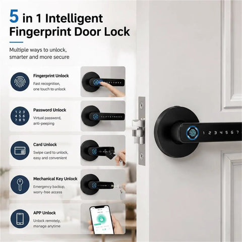 No Sweat Keyless Entry Smart Door Lock With Biometric Fingerprint Scanner And Mobile App Control For Killer Home Security showing various unlocking methods.