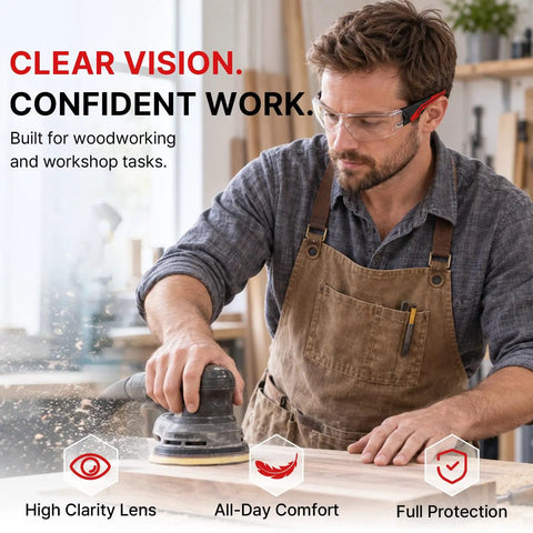Man using a sander while wearing Thirty Pack Clear Safety Glasses For Men Bulk Hustle Ready Wrap Around Fit Keeps Sight Crystal Clean Ansi Certified.