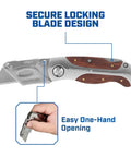 Heavy Duty Hardwood Folding Utility Knife With Foolproof Quick Swap Blades And Grip Tight Lock Back Design for one-hand use.