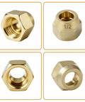 Top Tier Premium Brass Flare Nut Set Three Eighth Size Designed For Fuel Oil And Propane Systems Delivers A Hella Tight And Totally Leak Free Seal On Sae Connections Works Like A Charm Comes In A Solid Five Pack Unit, showing various angles of brass flare nuts.