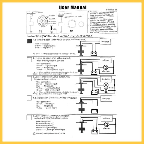 User manual diagram for Heavy Duty Marine Fuel Sending Unit with wiring instructions and connections.