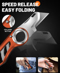 Close-up of Badass Folding Utility Knife With Secure Finger Loop And Quick Swap Razor Blades for easy folding and storage.